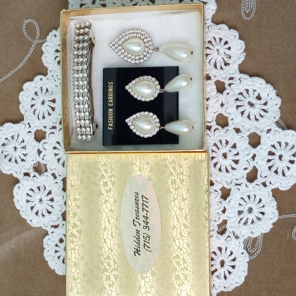 Rhinestone Barrette, Double Pearl Drop Pierced Earrings, & Broach Pin For PROM!